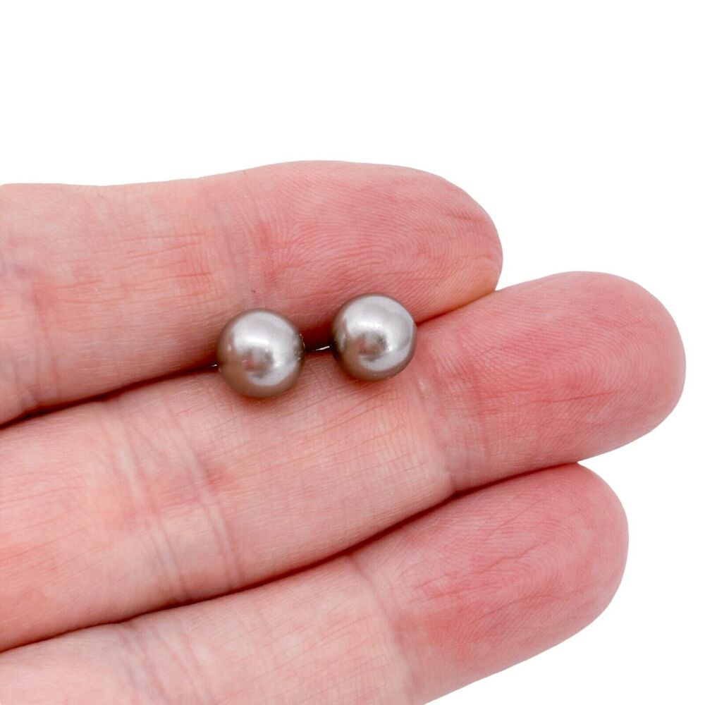 Vintage Sterling Silver 925 Imitation Gray Pearl Stud Earrings